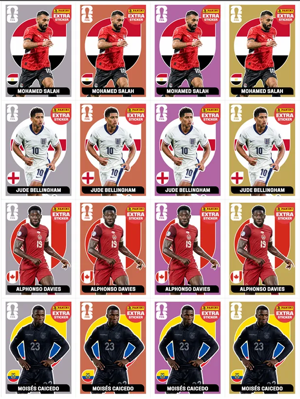 Variantes Extra Sticker: Salah · Bellingham · Davies · Caicedo