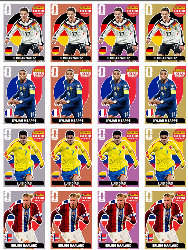 Variantes Extra Sticker: Wirtz · Mbappé · Luis Díaz · Haaland