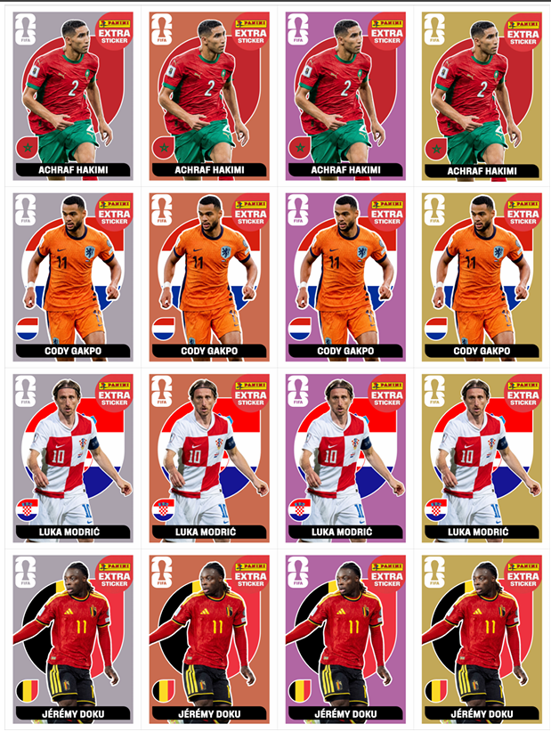 Variantes Extra Sticker: Hakimi · Gakpo · Modrić · Doku
