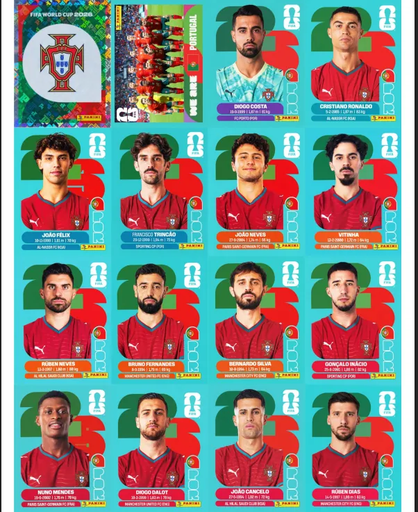 Cartela com figurinhas da Seleção Portugal