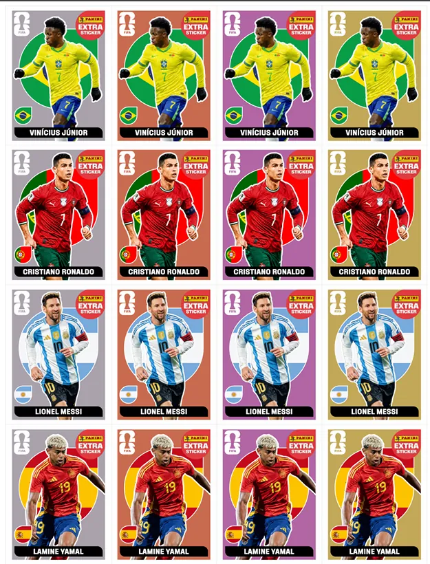 Variantes Extra Sticker: Vini Jr · Messi · CR7 · Yamal