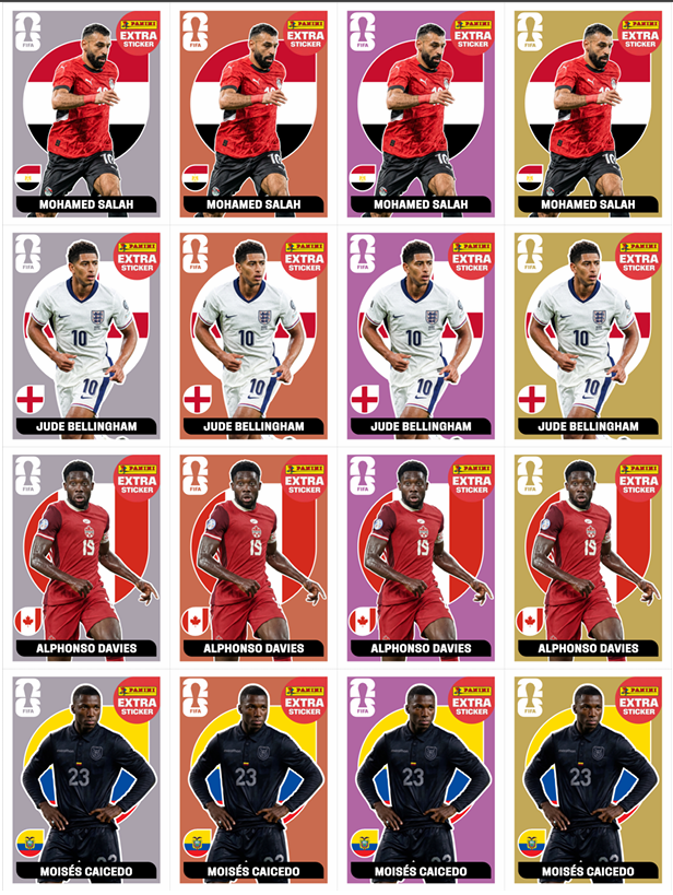 Variantes Extra Sticker: Salah · Bellingham · Davies · Caicedo