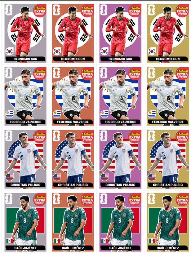 Variantes Extra Sticker: Son · Valverde · Pulisic · Jiménez