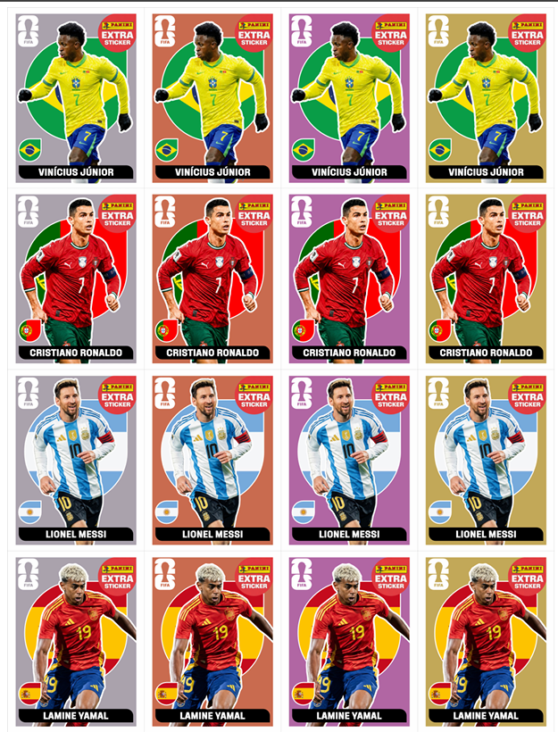 Variantes Extra Sticker: Vini Jr · Messi · CR7 · Yamal