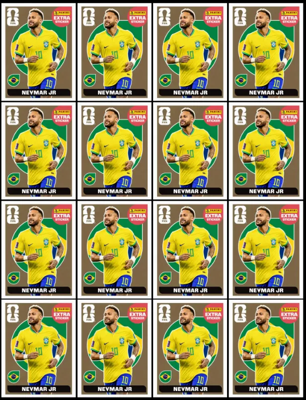 Neymar Jr · variantes Extra Sticker prata, rosa, vermelha, verde e dourada